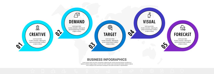 Vector line infographics template for five arrows and circles. Business concept with 5 elements and icons. Modern blank space for chart, content, step for step, timeline, diagram, web