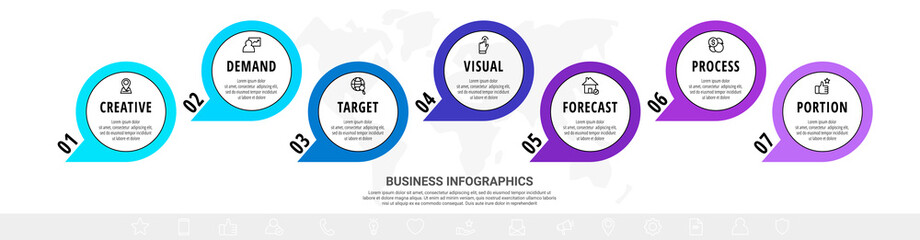 Vector line infographics template for 7 arrows and circles. Business concept with seven elements and icons. Modern blank space for chart, content, step for step, timeline, diagram, web