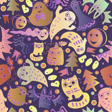 Colorful vector abstract seamless pattern of Halloween pumpkins, ghosts and bats