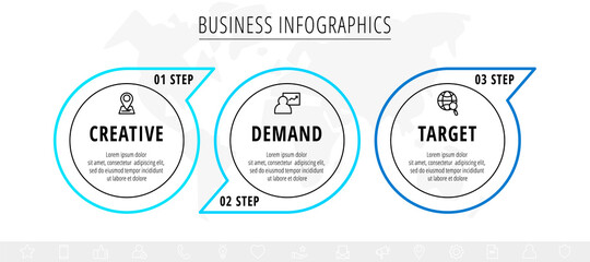 Obraz premium Minimal infographics with three line circles elements. Vector modern visualization of 3 step by step timeline concept with arrows. Template for diagram, business, web, banner, presentations, chart