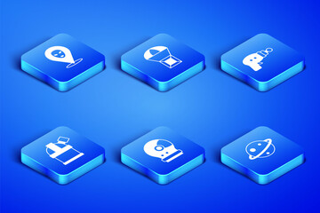 Set Planet Saturn, Alien, Astronaut helmet, Astronomical observatory, Box flying parachute and Ray gun icon. Vector