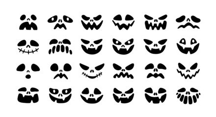 Set of scary Halloween faces with different expressions and emotions. Evil pumpkin's eyes and mouths. Stencils of creepy monster's silhouettes. Flat vector illustration isolated on white background