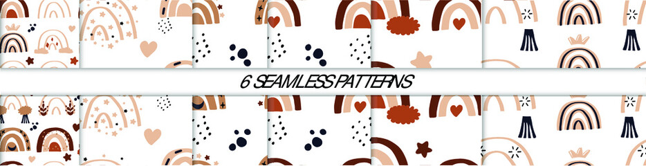 Abstract modern boho rainbows seamless patterns set