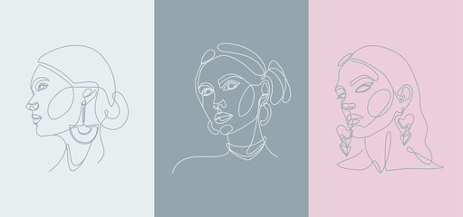 Contemporary art cover templates. Boho girl continous line drawing.