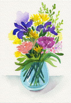 Bouquet of watercolor wildflowers in a glass vase. Stock watercolor illustration