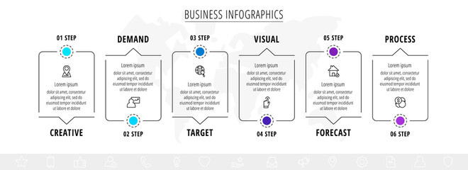 Vector line infographics with 6 rectangles and arrows. Flat chart process template with six icons. Modern timeline for business project, presentation, web, diagram, content