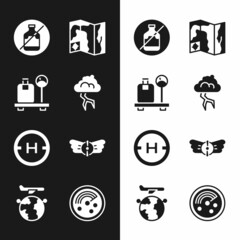Set Storm, Scale with suitcase, No alcohol, World travel map, Helicopter landing pad, Aviation emblem, Radar targets monitor and Globe flying plane icon. Vector