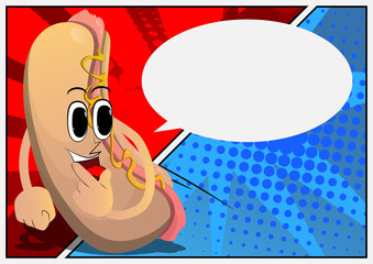 Hot Dog holding finger front of his mouth. American fast food as a cartoon character with face.