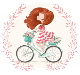 Fototapeta na wymiar Romantic cute girl riding a bicycle ,vector illustration, vintage graphic.