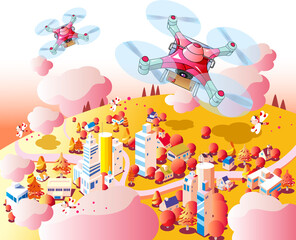 ドローンと赤トンボが飛び交う秋の街並み