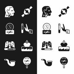 Set Giving up cigarette, No smoking time, Throat cancer, Candy, Disease lungs, Heartbeat increase, and pipe icon. Vector