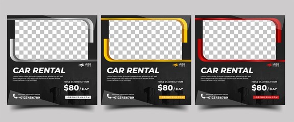 Set of Social media post template design for car rentals. Modern square banner with silver, yellow, and red frame color.