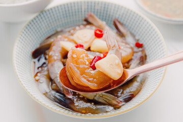 Korean style pickled shrimps (Saewoo-Jang), marinate raw shrimps with chili, garlic and soy sauce