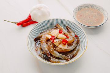 Korean style pickled shrimps (Saewoo-Jang), marinate raw shrimps with chili, garlic and soy sauce