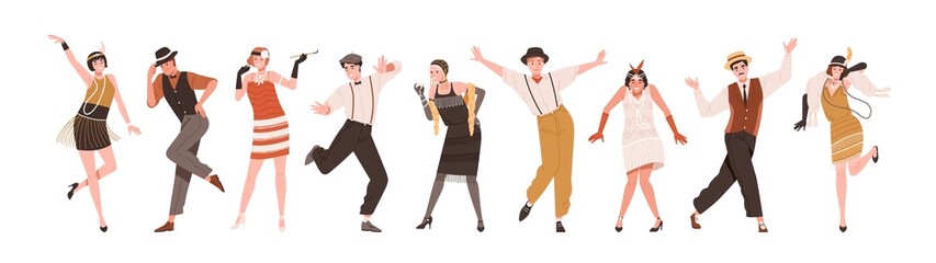 Obraz premium Happy people in retro-styled clothes dancing to funny music at Gatsby party of 20s. Set of stylish cheerful Broadway dancers of 1920s. Colored flat vector illustration isolated on white background