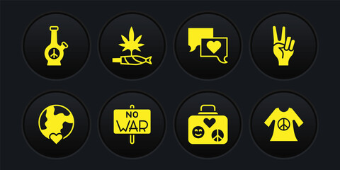 Set The heart world - love, Peace symbol, No war, Suitcase for travel, Speech bubble chat, Marijuana joint, spliff, dress print stamp and Bong icon. Vector