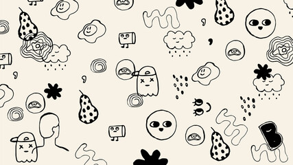 Fototapeta premium Hand drawn abstract illustration. Horizontal background in vintage rough style with different shapes, cute faces, monsters, lettering, dots. Hipster banner with charcoal texture.