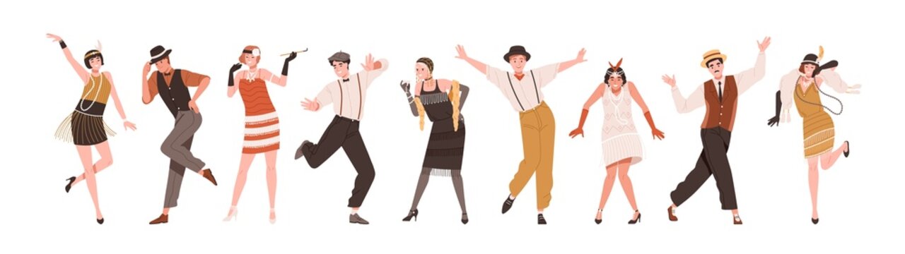 Happy people in retro-styled clothes dancing to funny music at Gatsby party of 20s. Set of stylish cheerful Broadway dancers of 1920s. Colored flat vector illustration isolated on white background