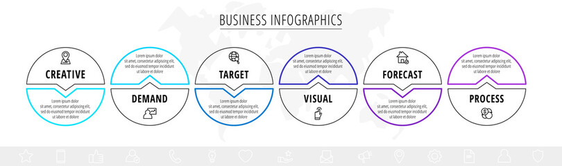 Vector line infographics template for six arrows and circles. Business concept with 6 elements and icons. Modern blank space for chart, content, step for step, timeline, diagram, web