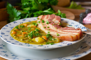 Pea Stew with pork belly on a plate