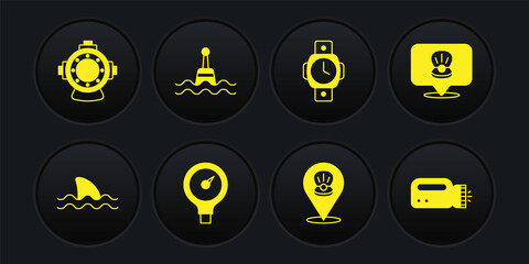 Set Shark, Scallop sea shell, Gauge scale, Diving watch, Floating buoy, Flashlight for diver and Aqualung icon. Vector