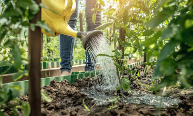 Gardener is watering green tomato plants in a greenhouse using a watering can