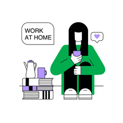 Work at home concept. The girl is holding a smartphone in her hands.  Woman work online. Knowledge. Quarantine or self-isolation. Stay home. Online Study, education. Vector flat illustration isolated 