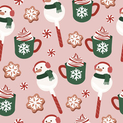 Merry christmas cute cake pop snowman biscuit and cafe seamless pattern for fabric, linen, textiles and wallpaper