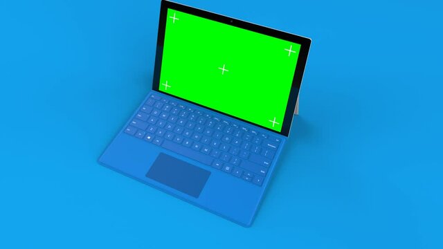 Rotating 3d illustration render Laptop similar to microsoft surface pro and Tracking markers on blue background