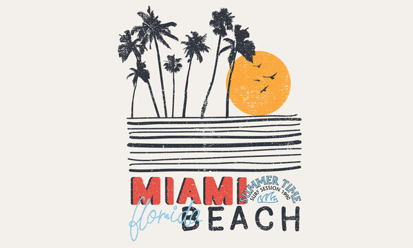 Miami Beach Florida  Hand Sketch Palm Tree Vector Design. Summer Graphic Print Artwork For Apparel And Others.