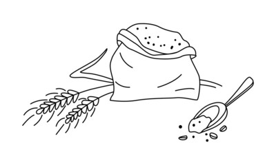 Open bag with ground grains.  Ears of wheat or barley, rye.  Scapula.  Vector illustration for brewing, agriculture, logo, print, poster.  Doodle style by outline