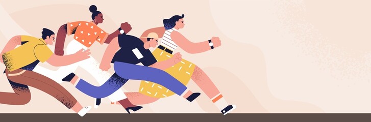 Diverse people running fast to success in competition. Banner with team of male and female runners at race. Concept of work marathon, business and career challenge. Colored flat vector illustration