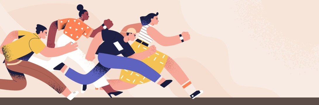 Diverse People Running Fast To Success In Competition. Banner With Team Of Male And Female Runners At Race. Concept Of Work Marathon, Business And Career Challenge. Colored Flat Vector Illustration