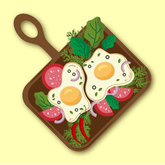 Two fried eggs in a square frying pan vector illustration . With tomatoes, pepper, onion, dill and parsley. Breakfast. Classic breakfast motel. English breakfast with fried eggs. Food. Yummy.