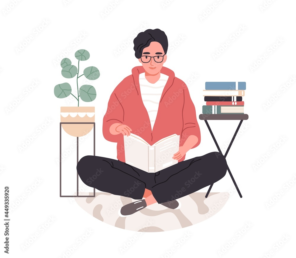 Aufkleber Smart student preparing for exam at home. Young man in eyeglasses studying and reading textbooks. Reader sitting on floor and learning. Flat vector illustration isolated on white background