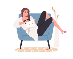 Happy woman with book resting in armchair at leisure time. Smiling relaxed person enjoying literature at home. Reading hobby. Flat vector illustration of novel reader isolated on white background