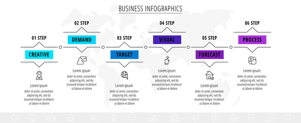 Vector line infographics with 6 labels and arrows. Flat chart process template with six steps. Modern timeline for business project, presentation, web, diagram, content