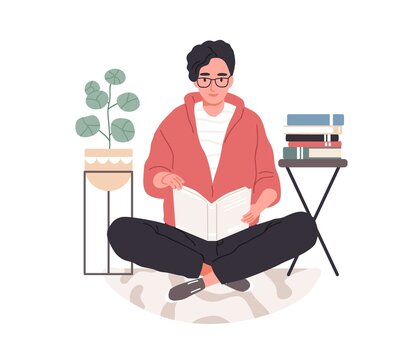 Smart student preparing for exam at home. Young man in eyeglasses studying and reading textbooks. Reader sitting on floor and learning. Flat vector illustration isolated on white background