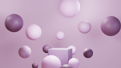 3D rendering of purple square podium on the scene and the purple tone ball background. Mockup for show product.