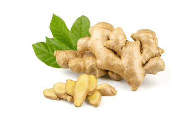 Fresh ginger rhizome sliced with green leaves isolated on white background with clipping path