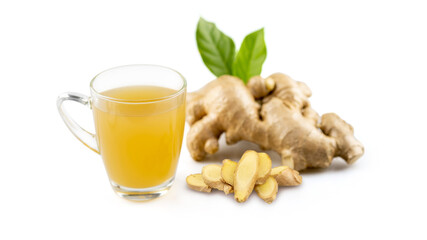 Hot ginger juice in a clear glass and sliced fresh ginger rhizome with green leaves isolated on white background with clipping path