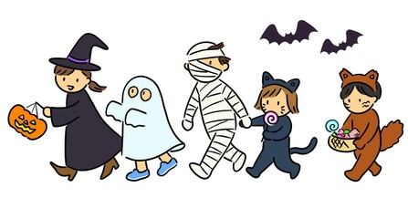 ハロウィンに仮装して歩くこどもたち