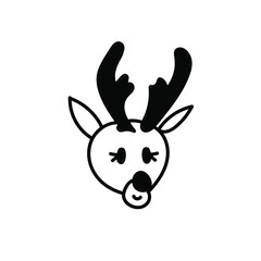 One vector Christmas doodle with a portrait of a reindeer. Holiday simple illustration with black line on white background. Design for cards, packages, social media, web, stickers, logos
