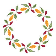 Simple minimal round wreath of autumn fallen leaves. Multicolored floral frame for greeting cards, invitations, labels. Copyspace. Element, clipart, object for graphic design.Thanksgiving decor.