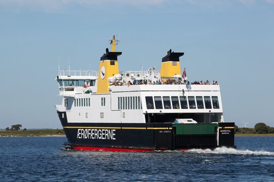 Aeroskobing, Denmark - July 31, 2020: Ferry boat navigating between the city of Marstal and Aero island