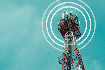 High telecommunication tower for distribute network wave for 5G,with blue wave signal sign,...