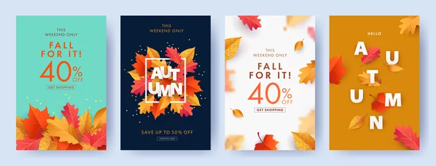 Poster Autumn Sale background, banner, or flyer design. Set of colorful autumn posters with bright beautiful leaves frame, paper cut style letters and lettering. Template for advertising, web, social media © Tanya