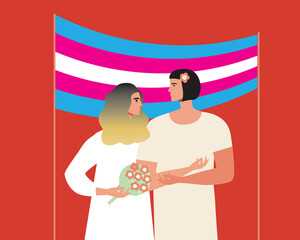 Transgender people wedding, transgender flag, flat vector stock illustration with adults, tolerance and rights of LGBTQ people