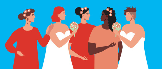 Lesbian Wedding, Bridesmaid Guests, Flat Vector Stock Illustration with LGBTQ Ceremony as Lesbian Adult Rights