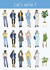 Model, lady, girl in selfie mode sticker set